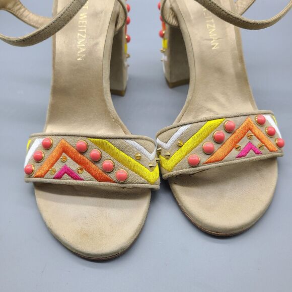 Stuart Weitzman Both Sandal  chunky Heel Ankle Straps beige embellished  Sz 8 - Picture 8 of 9